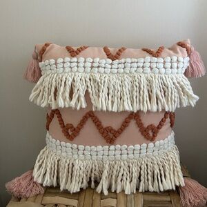 Boho Fringe Throw Pillow in Pink and Cream